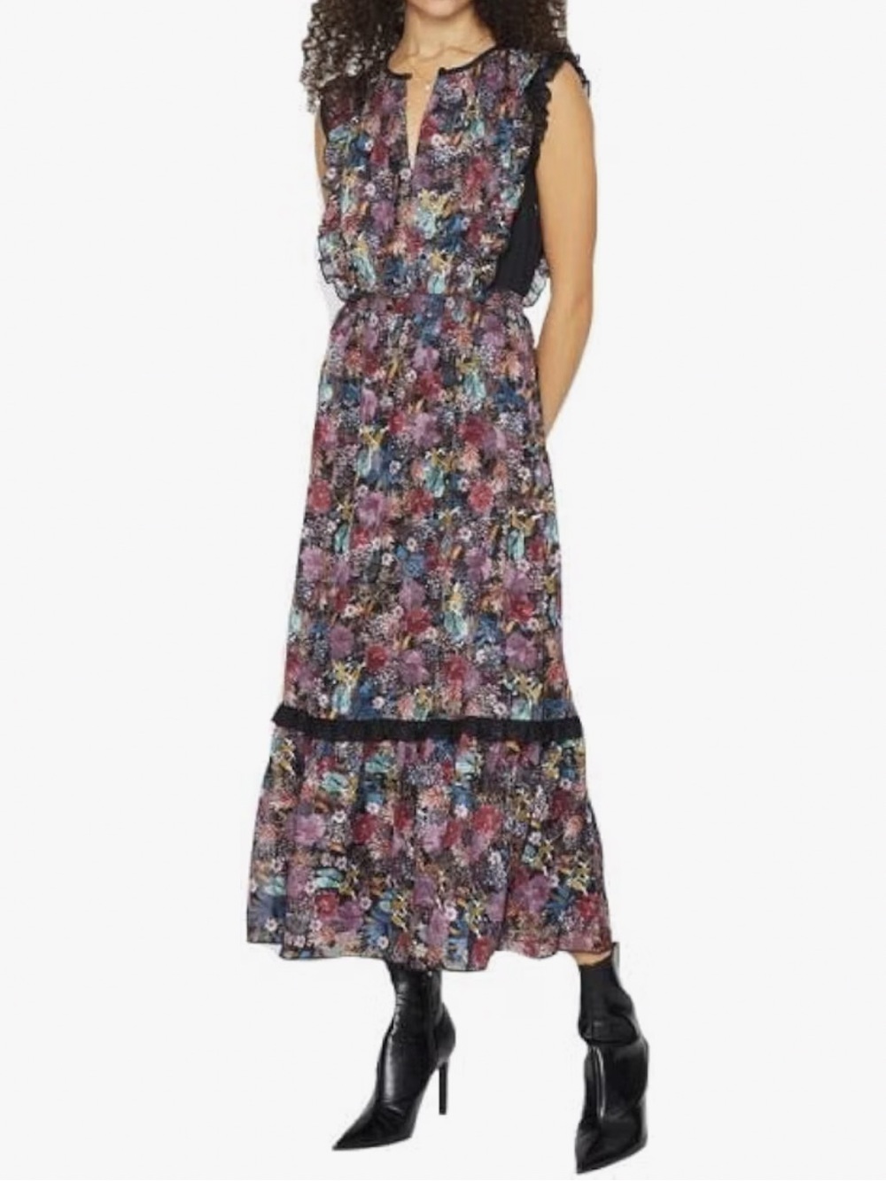 Club Monaco Garden Floral Ruffle Maxi Dress Tiered Hem Winter Berry Size 10